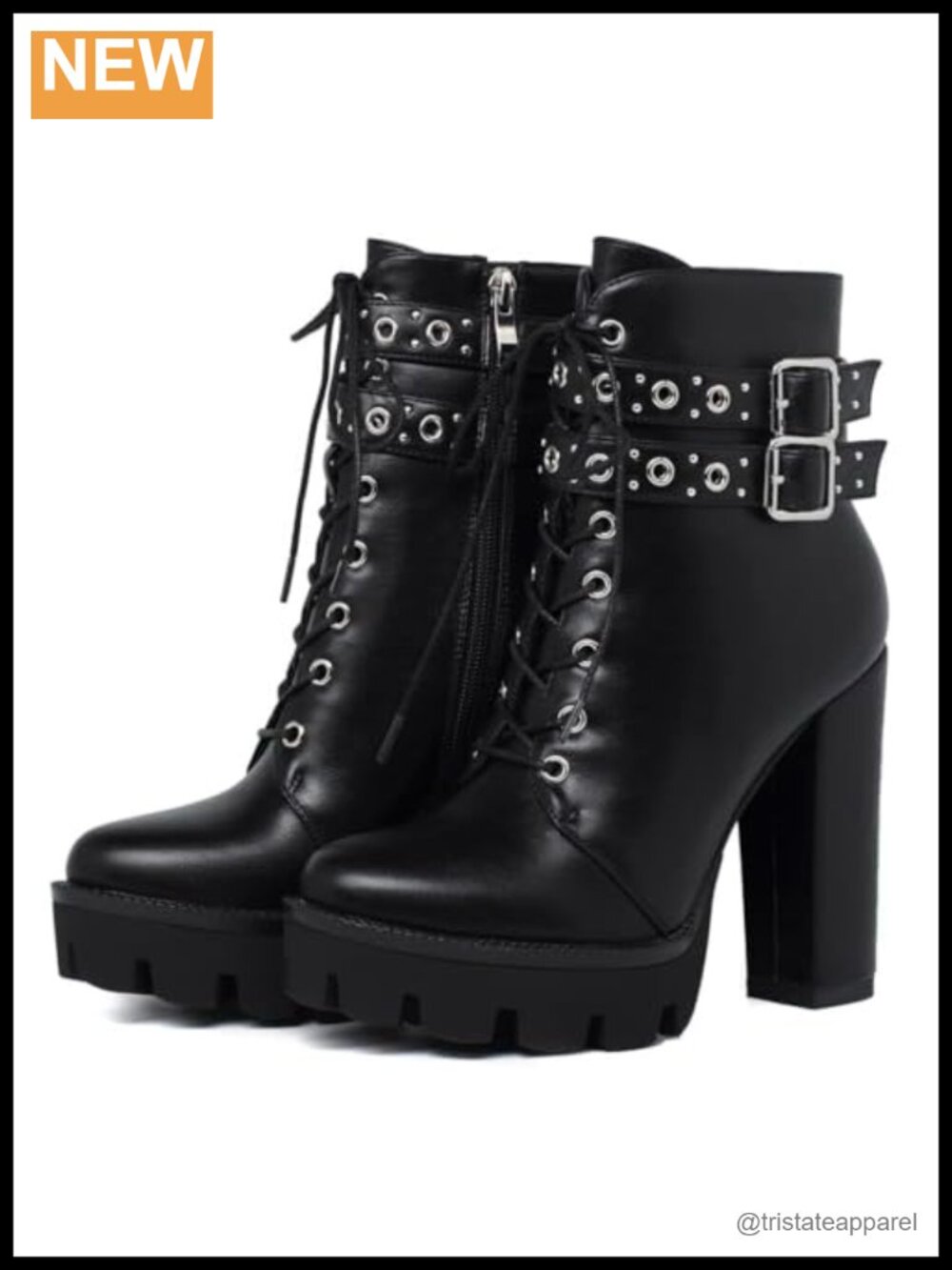Platform Combat Boots for Women Chunky Heel Ankle Boots Side Zip Lace Up Studded